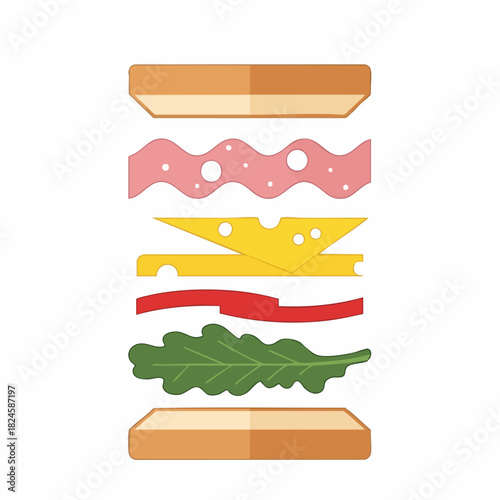 Exploded Sandwich Illustration with Ham, Cheese, Lettuce, and Bread Layers.
