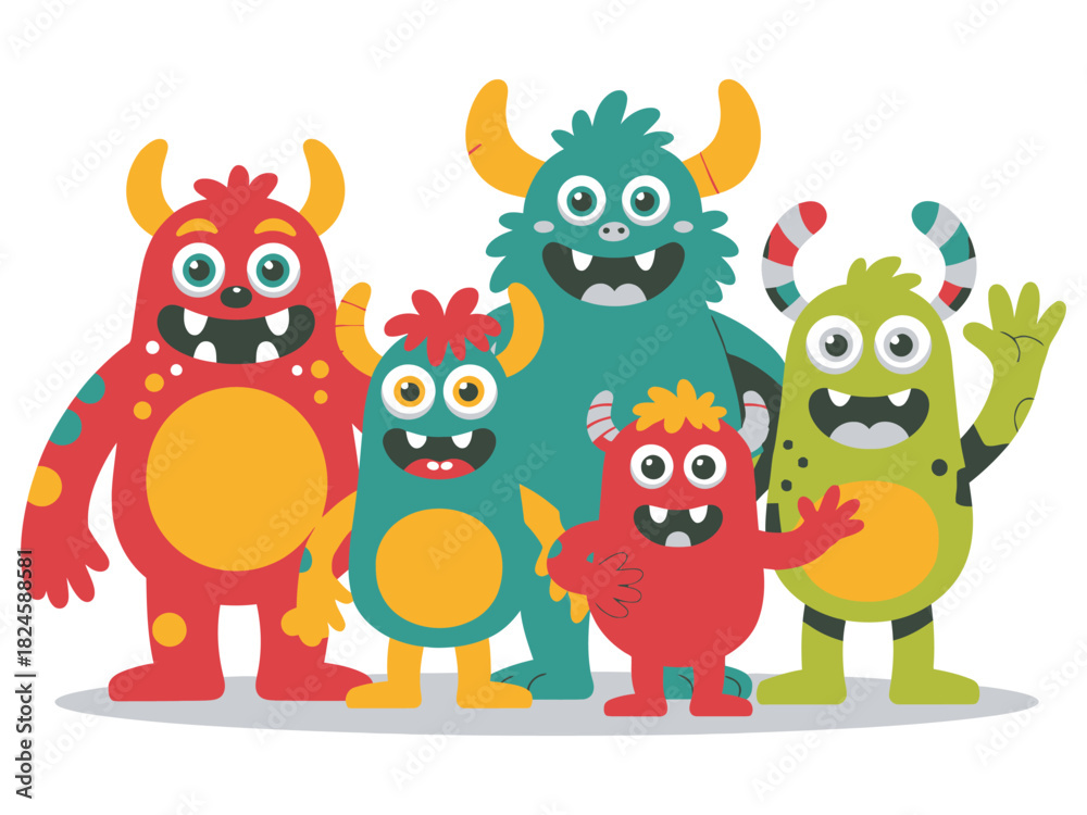 Naklejka premium A group of five cartoon monsters standing together on a white background