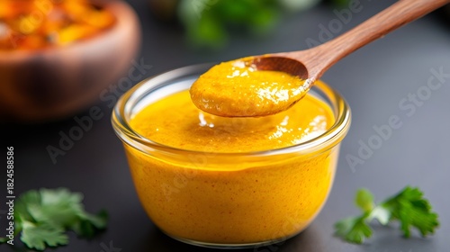 Yellow curry sauce pouring from a wooden spoon