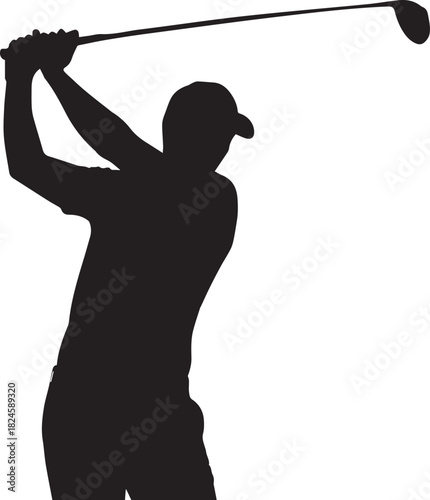 Silhouette of a golfer swinging a club with focus and determination.