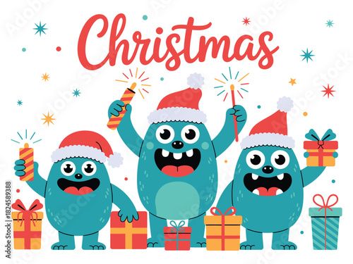 Three cartoon monsters celebrating christmas with gifts and sparklers joyfully