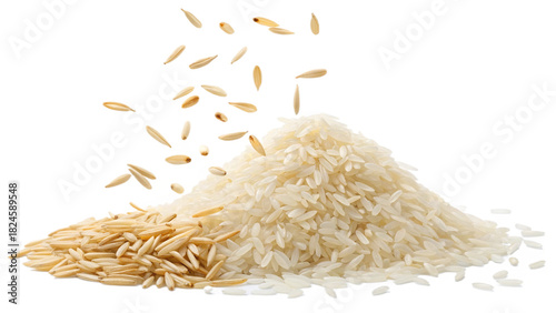 Falling jasmine and basmati rice grains on transparent background.