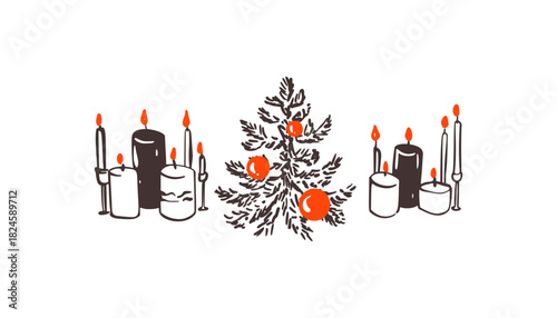 Happy New Year and Merry Christmas cozy home decoration with burning candles, decorates tacky Christmas tree with whimsical red baubles. Hand drawn doodle crayon charcoal xmas divider