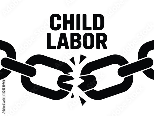 Child labor text with a broken chain in black and white illustration