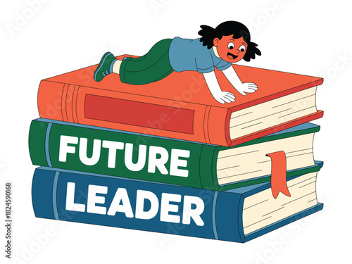 A girl climbing a stack of books labeled future leader on a white background