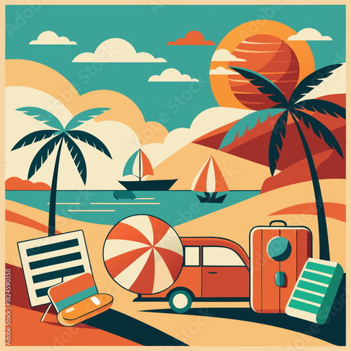 Vibrant beach scene with palm trees lounge chairs and a vintage car.