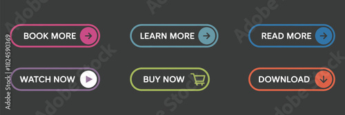 Set of trendy flat buttons vector illustration, colorful modern web and app design, including read more, learn more, buy now, download, watch now, book now