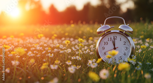 Fototapeta Naklejka Na Ścianę i Meble -  Vintage alarm clock in a meadow at sunset