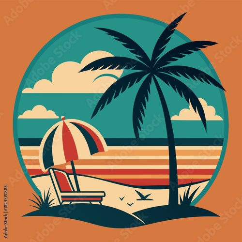 Vibrant beach scene with palm trees lounge chairs and a vintage car.