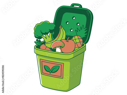 A green compost bin filled with various fruits and vegetables cartoon style