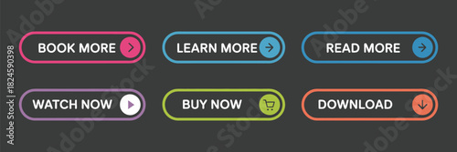 Set of trendy flat buttons vector illustration, colorful modern web and app design, including read more, learn more, buy now, download, watch now, book now