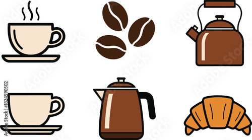 Coffee and cafe icons set with cup, bean, kettle, and croissant, minimal flat vector on white background