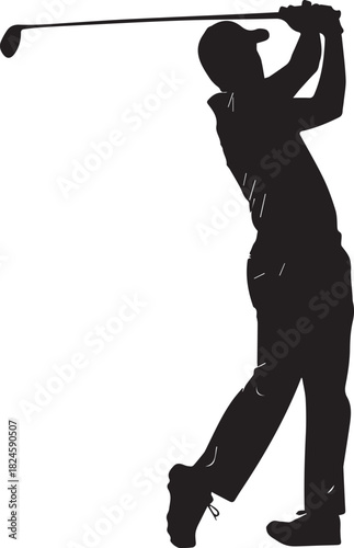 Silhouette of a golfer in midswing during a golf game.