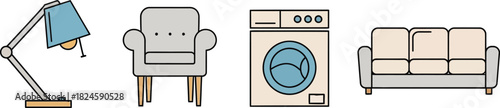 Clean household item icons with lamp, chair, washing machine, and sofa, flat simple vector on white background