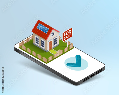 Model house with a for-sale sign on a smartphone screen. Vector illustration.