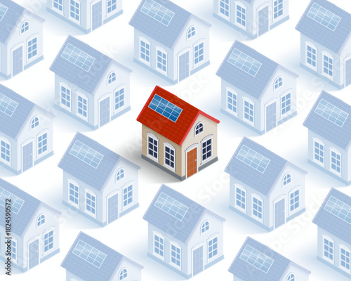 Mansion house among other houses on a street. Vector illustration. Isometric three-dimensional projection.