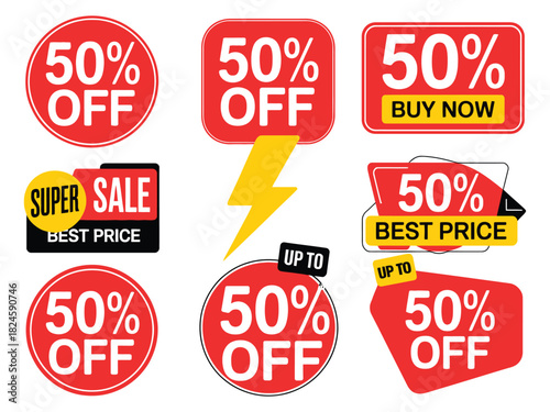 A collection of sale and discount stickers with fifty percent off deals