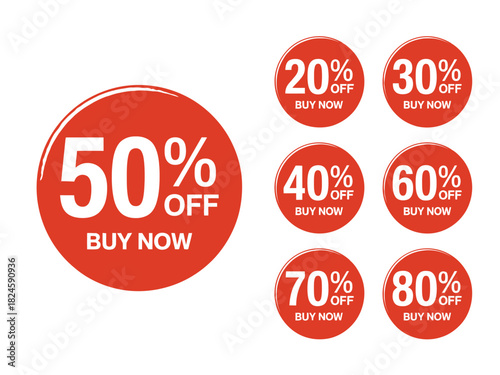 Red circular sale stickers with various percentage discounts and buy now