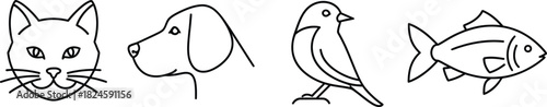 Minimal animal icon set including cat, dog, bird, and fish, line vector style on white background