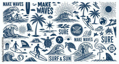 Vintage style surfing and beach elements collection with palm trees and ocean waves