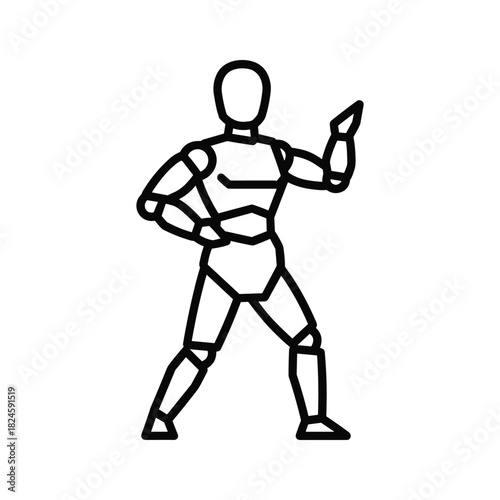 Minimalist outline robot icon posing, humanoid automaton, future technology concept vector illustration.