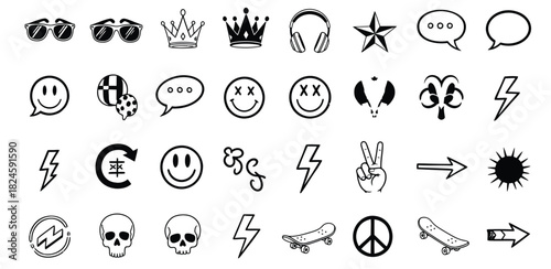 Collection of hand drawn doodle icons featuring skulls smiley faces and musical symbols