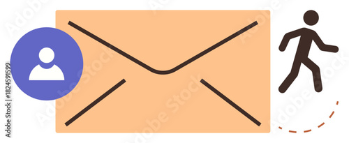 Large envelope symbol, user icon in a circle, walking figure with motion indication. Ideal for messaging, navigation, email, user interaction, communication internet organization. Simple flat