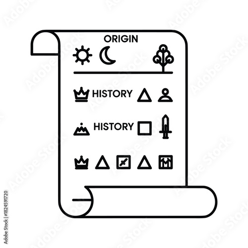 Historical timeline on scroll vector icon. ancient history document with origin and event symbols