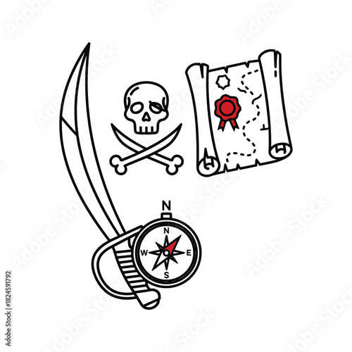 Adventure at sea: pirate skull, map, compass and saber icon set. treasure hunt illustration vector
