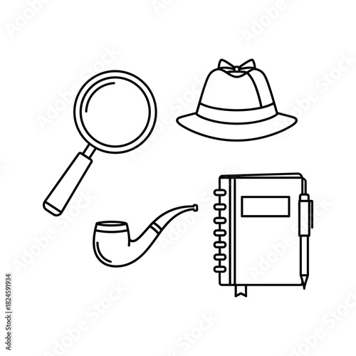 Classic detective investigation tools line art set: magnifying glass, hat, smoking pipe, notebook with pen.