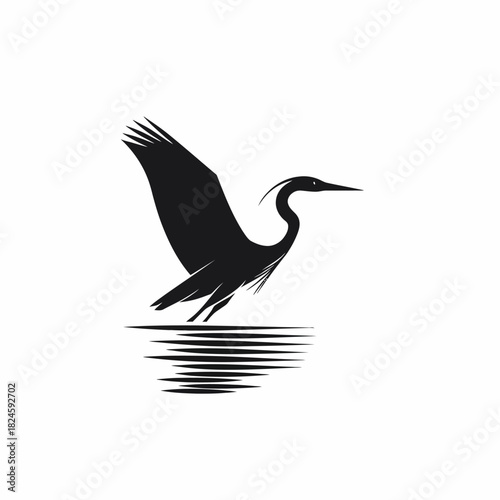 Elegant Black Heron Silhouette Taking Flight from Water Reflection - Minimalist Vector Illustration