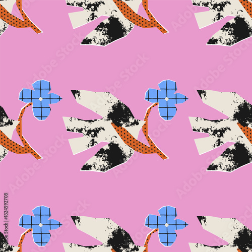 Seamless naive-style pink vector pattern with abstract birds holding geometric blue flowers. Rough textures, cut-out shapes, and playful retro vibes