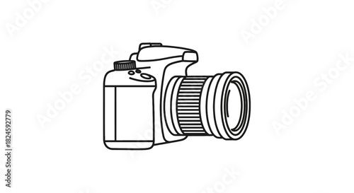 Line art drawing of a modern digital single-lens reflex camera representing equipment and imaging technology