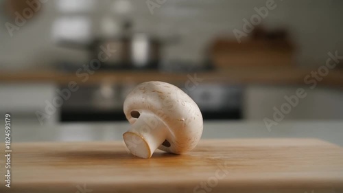 A close-up shot of a single fresh mushroom on a wooden cutting board, with a blurred kitchen background