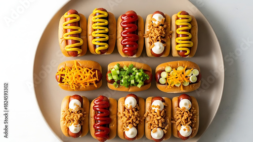 Fototapeta Naklejka Na Ścianę i Meble -  A dozen mini hot dogs with various toppings including mustard, ketchup, cheese, and onions, arranged on a round plate.