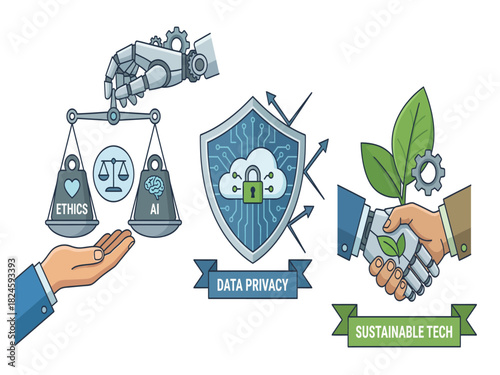 Illustrations of modern technology concepts: AI ethics, data privacy, and sustainable technology.