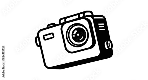 Simple black and white line art illustration of a compact digital camera on a white background