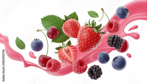 Mixed berries and cherries splashing into pink liquid with white background.