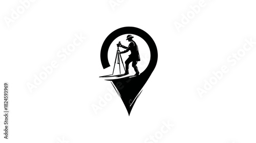 Professional Land Surveyor Operating Theodolite Instrument within a Location Pin Icon. Precision Mapping & Geographic Engineering Vector.