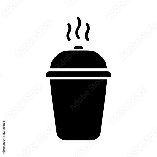 Hot beverage thermocup icon with lid and steam lines in black solid design