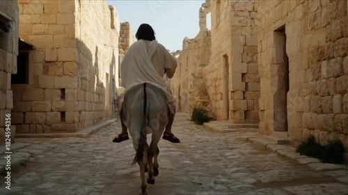 Jesus riding a donkey on a deserted street in Jerusalem