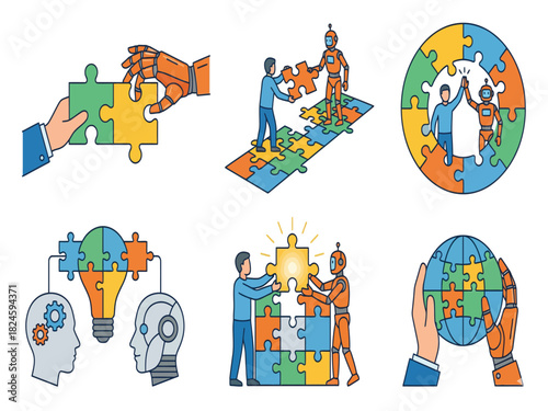 Conceptual illustrations of human and robot collaboration using puzzle piece metaphors to represent teamwork and synergy.