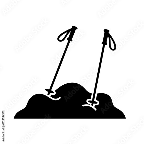 Winter trekking poles icon stuck in snow mound in black solid design