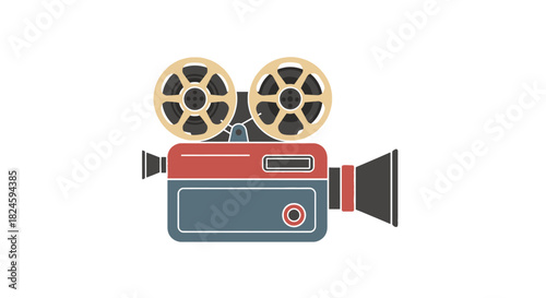 Stylized retro movie camera illustration, depicting vintage film production, cinema, and entertainment industry themes with classic design