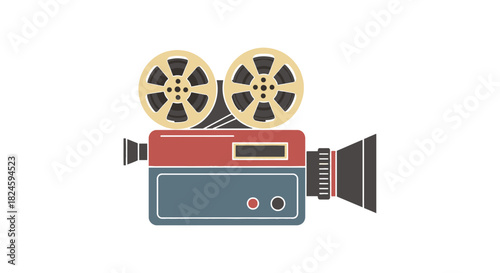 Creative illustration of a classic movie camera with film reels, symbolizing the art of visual production, filmmaking, and media content creation