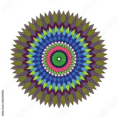 Colorful geometric mandala pattern with radial symmetry on white background
