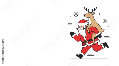 A humorous illustration of Santa Claus running very fast and carrying a reindeer on his back