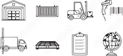 Logistics and Supply Chain: A collection of essential icons representing key elements in logistics, emphasizing efficiency, transportation, and global connectivity.
