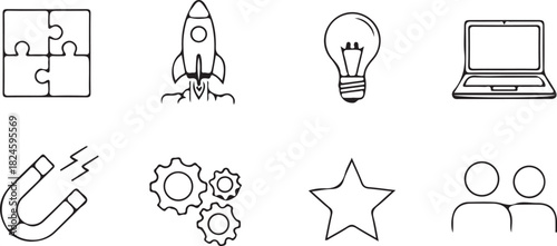 Innovation and Progress Icons: A set of simple yet powerful icons representing various concepts, ideal for conveying ideas such as problem-solving, startup, innovation, creativity.