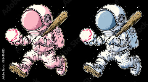 Dynamic cartoon illustration of pink and blue astronauts running with baseball bats and balls in outer space, against a starry galaxy